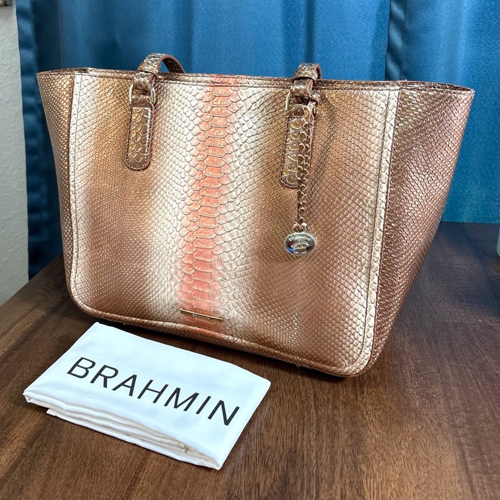 **SOLD**Brahmin EUC Ashlee - Natural Cocobay - Metallic Gold Snake Texture Tote - Picture 2 of 12